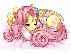 Size: 4096x3102 | Tagged: safe, artist:konejo, imported from derpibooru, angel bunny, fluttershy, pegasus, pony, rabbit, alternate hairstyle, animal, blanket, blushing, clothes, commission, cute, daaaaaaaaaaaw, drool, duo, eyes closed, female, flower, flower in hair, high res, mare, open mouth, shyabetes, simple background, sleeping, socks, striped socks, white background
