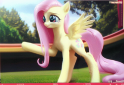 Size: 744x512 | Tagged: safe, imported from derpibooru, fluttershy, pegasus, pony, ai content, ai generated, big eyes, blurry background, cute, detailed, detailed hair, eyes open, female, forest background, generator:stable diffusion, hair, pink hair, realistic, solo, tail