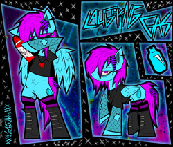 Size: 2542x2162 | Tagged: safe, artist:xxv4mp_g4z3rxx, imported from derpibooru, oc, oc:laughing gas, pegasus, pony, bags under eyes, bipedal, blue coat, boots, clothes, drugs, ear piercing, fishnet clothing, fishnets, heart locket, jewelry, locket, mane extentions, necklace, nonbinary, piercing, pink eyes, pink mane, reference sheet, scar, self harm, self harm scars, shoes, socks, solo