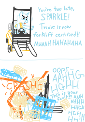 Size: 1026x1456 | Tagged: safe, artist:purblehoers, imported from derpibooru, trixie, pony, unicorn, 2 panel comic, box, comic, crash, driving, female, forklift, implied twilight sparkle, mare, ms paint, safety vest, simple background, sitting, solo, text, white background