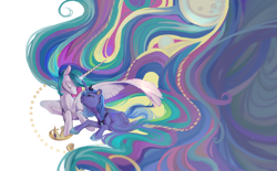 Size: 4427x2737 | Tagged: safe, artist:湮浊湮于浊, imported from derpibooru, princess celestia, princess luna, alicorn, pony, colored pinnae, colorful, crying, duo, female, horn, horns are touching, impossibly long mane, impossibly long tail, jewelry, long horn, long mane, looking at someone, lying down, mare, partially open wings, prone, regalia, s1 luna, simple background, tail, white background, wings
