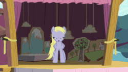 Size: 1280x720 | Tagged: safe, artist:bvids, artist:pinkie pie, artist:tridashie, imported from twibooru, screencap, derpy hooves, rainbow dash, pegasus, pony, 2014, abuse, animated, asdfmovie, couch, cutie mark, derp, female, flop, hat, house, image, mp4, music, ouch, slap, wat