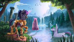 Size: 4096x2304 | Tagged: safe, artist:helmie-art, imported from derpibooru, princess celestia, oc, oc:ink heart, alicorn, pony, unicorn, armor, canterlot, forest, forest background, glow, glowing horn, horn, lake, levitation, magic, picnic, ruins, scenery, telekinesis, towel, water, waterfall, wet