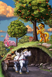 Size: 739x1081 | Tagged: safe, artist:harwick, imported from derpibooru, applejack, bulk biceps, bird, earth pony, pegasus, pony, apple, apple tree, barn, cart, cloud, cloudy, description is relevant, fanfic art, female, food, grass, hill, male, mare, reupload, scenery, scenery porn, shipping, sky, stallion, sweet apple acres, tree, unshorn fetlocks