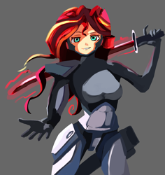 Size: 4000x4240 | Tagged: safe, artist:solid shrimp, imported from derpibooru, sunset shimmer, cyborg, human, crossover art, female, humanized, looking at you, metal gear, smiling, smirk, solo, sword, weapon