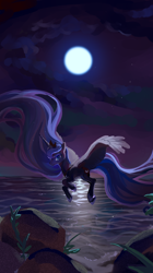 Size: 1390x2480 | Tagged: safe, artist:湮浊湮于浊, imported from derpibooru, princess luna, alicorn, pony, female, flying, mare, moon, night, ocean, reflection, solo, water