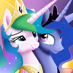 Size: 2048x2048 | Tagged: safe, imported from derpibooru, princess celestia, princess luna, alicorn, pony, ai content, ai generated, bust, duo, duo female, female, generator:purplesmart.ai, generator:stable diffusion, hug, jewelry, mare, regalia, royal sisters, siblings, sisters, wrong eye color