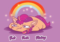 Size: 1280x905 | Tagged: safe, artist:cutepencilcase, imported from derpibooru, sunny starscout, earth pony, pony, female, flat fuck friday, g5, lying down, mare, prone, purple background, rainbow, simple background, solo, sploot, sunny starscout is not amused, text, unamused, vulgar