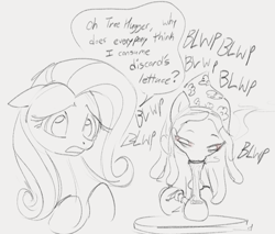 Size: 1020x870 | Tagged: safe, artist:dotkwa, imported from derpibooru, fluttershy, tree hugger, earth pony, pegasus, pony, bloodshot eyes, bong, dialogue, drug use, drugs, duo, female, floppy ears, gray background, grayscale, implied flutterhigh, implied marijuana, mare, monochrome, partial color, simple background, sketch, speech bubble, tree stoner