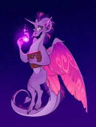 Size: 907x1200 | Tagged: safe, artist:schl4fy, imported from derpibooru, part of a set, twilight sparkle, dragon, book, claws, colored wings, dragon horns, dragoness, dragonified, ears, eyebrows, female, floating, glasses, glowing, horn, horns, looking away, magic, magic glow, mohawk, multicolored wings, night, night sky, nostrils, sky, snout, solo, species swap, twilidragon, two toned hair, unicorn horn, wings