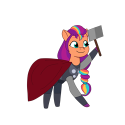 Size: 2100x2100 | Tagged: safe, artist:chanyhuman, imported from derpibooru, sunny starscout, earth pony, pony, cape, clothes, cosplay, costume, female, g5, hammer, mane stripe sunny, mare, marvel, marvel cinematic universe, marvel comics, my little pony: tell your tale, simple background, solo, thor, transparent background, vector