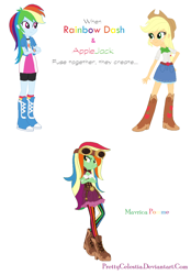 Size: 838x1204 | Tagged: safe, artist:prettycelestia, imported from derpibooru, applejack, rainbow dash, oc, oc:mavrica pomme, equestria girls, belt buckle, clothes, corset, fusion, fusion:appledash, fusion:applejack, fusion:rainbow dash, goggles, mary janes, multicolored hair, rainbow hair, shoes, simple background, stockings, thigh highs, white background, yellow eyes