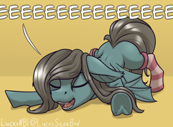 Size: 3000x2200 | Tagged: safe, artist:luckynb, imported from derpibooru, oc, oc:flower popen, bat pony, pony, bat pony oc, clothes, eeee, face down ass up, lying down, socks, solo, striped socks
