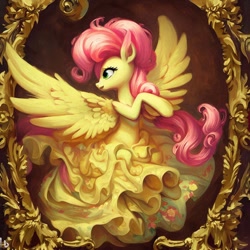 Size: 1024x1024 | Tagged: safe, imported from derpibooru, fluttershy, pegasus, pony, ai content, ai generated, alternate hairstyle, bust, clothes, dress, female, mare, portrait, rococo, solo, spread wings, wings