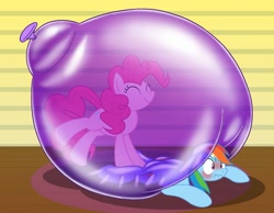 Size: 2250x1750 | Tagged: safe, artist:bladedragoon7575, imported from derpibooru, pinkie pie, rainbow dash, earth pony, pegasus, pony, balloon, blushing, bubble, cute, eyes closed, female, happy, in bubble, lesbian, mare, pinkie pie trapped in a balloon, pinkiedash, shipping, smiling, squeak, squished, that pony sure does love balloons, trapped
