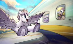 Size: 4800x2928 | Tagged: safe, artist:selenophile, imported from derpibooru, limestone pie, sea swirl, seafoam, oc, oc:canvas, oc:seleno, deer, earth pony, pegasus, pony, bow, female, flying, frog (hoof), hair bow, happy, looking at each other, looking at someone, male, mare, open mouth, open smile, pegasus oc, plane, smiling, spread wings, stallion, underhoof, wings