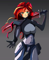 Size: 3360x4115 | Tagged: safe, artist:solid shrimp, imported from derpibooru, sunset shimmer, cyborg, human, equestria girls, dreamworks face, female, fixed, humanized, jetstream sam, looking at you, metal gear, metal gear rising, metal gear solid, smiling, smirk, solo, sword, weapon