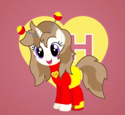 Size: 780x720 | Tagged: artist needed, safe, imported from derpibooru, oc, oc only, oc:fluffymarsh, unicorn, brown mane, clothes, cute, el chapulín colorado, faster than a turtle, female, food, happy, heroine, mare, marshmallow, purple eyes, show accurate, smarter than a donkey, stronger than a mouse, this will end in laughs