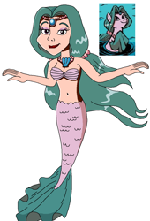 Size: 840x1236 | Tagged: safe, artist:ocean lover, imported from derpibooru, human, mermaid, merpony, spoiler:comic, spoiler:comic14, bare shoulders, belly, belly button, bra, female, fins, fish tail, gem, green hair, human coloration, humanized, jewel, jewelry, lips, long hair, mermaid tail, mermaidized, ms paint, necklace, pearl necklace, picture, reference, seashell, seashell bra, shoo be doo, simple background, solo, species swap, tail, white background