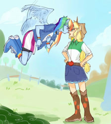 Size: 828x923 | Tagged: safe, artist:keeerooooo1, imported from derpibooru, applejack, rainbow dash, human, equestria girls, duo, duo female, female, flying, pony ears, wings