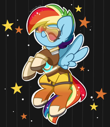 Size: 1688x1956 | Tagged: safe, artist:kittyrosie, imported from derpibooru, rainbow dash, pegasus, pony, alternate hairstyle, black background, clothes, cosplay, costume, cute, dashabetes, female, looking at you, mare, one eye closed, overwatch, rainbow tracer, signature, simple background, solo, spread wings, stars, tracer, wings, wink, winking at you