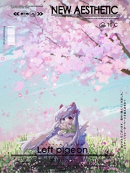 Size: 1620x2160 | Tagged: safe, artist:lendftcn, imported from derpibooru, oc, oc only, pegasus, pony, bouquet, cherry blossoms, clothes, dress, female, flower, flower blossom, flower field, looking at you, mare, solo, text, tree