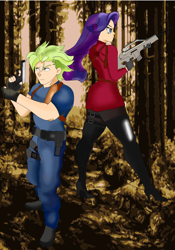 Size: 3500x5000 | Tagged: safe, artist:saulazuli, imported from derpibooru, rarity, spike, oc, human, equestria girls, adult, adult spike, crossover, female, forest, male, older, older spike, resident evil, shipping, sparity, straight