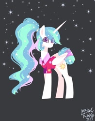 Size: 1074x1368 | Tagged: safe, artist:petaltwinkle, imported from derpibooru, princess celestia, alicorn, pony, between dark and dawn, alternate hairstyle, black background, cute, cutelestia, eye clipping through hair, female, folded wings, looking at you, mare, ponytail, simple background, smiling, smiling at you, solo, stars, vacation, wings