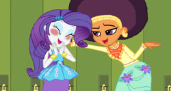 Size: 2400x1280 | Tagged: safe, artist:ktd1993, imported from derpibooru, rarity, saffron masala, human, equestria girls, afro, base used, blushing, female, lesbian, lockers, raffron, shipping