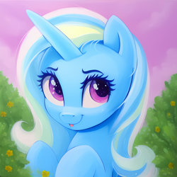 Size: 1280x1280 | Tagged: safe, editor:felisamafeles, imported from derpibooru, trixie, pony, unicorn, ai content, ai generated, female, generator:stable diffusion, horn, mare, solo, tongue out