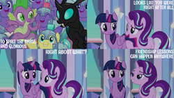 Size: 2000x1125 | Tagged: safe, edit, edited screencap, editor:quoterific, imported from derpibooru, screencap, spike, starlight glimmer, thorax, twilight sparkle, alicorn, changeling, dragon, pony, unicorn, the times they are a changeling, armor, crystal guard, crystal guard armor, female, male, mare, royal guard, stallion, twilight sparkle (alicorn)