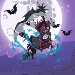 Size: 3000x3000 | Tagged: safe, artist:dreamoonight, imported from derpibooru, oc, oc only, oc:skywalk shadow, bat, earth pony, pony, bandage, cloak, clothes, costume, earth pony oc, flying, grey skin, halloween, halloween costume, headdress, holiday, hoof gloves, looking at you, magic, male, mask, moon, multicolored hair, night, red eyes, sickle, smiling, solo