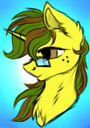 Size: 2894x4093 | Tagged: safe, alternate version, artist:julunis14, imported from derpibooru, oc, oc only, oc:macter, pony, unicorn, bust, digital art, freckles, glasses, male, no source available, portrait, simple background, smiling, solo