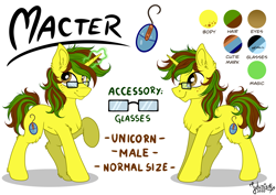 Size: 4093x2894 | Tagged: safe, artist:julunis14, imported from derpibooru, oc, oc only, oc:macter, pony, unicorn, cutie mark, digital art, ear fluff, freckles, glasses, male, reference sheet, simple background, solo, white background