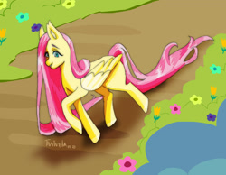 Size: 3344x2592 | Tagged: safe, artist:twivela, imported from derpibooru, fluttershy, pegasus, pony, eyebrows, female, flower, happy, mare, path, ponyville, smiling, solo, walking, wings