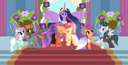 Size: 1024x520 | Tagged: safe, artist:velveagicsentryyt, imported from derpibooru, apple bloom, button mash, rumble, scootaloo, sweetie belle, tender taps, twilight sparkle, alicorn, earth pony, pegasus, pony, unicorn, the last problem, clothes, dress, female, kissing, male, marriage, older, older twilight, princess twilight 2.0, rumbloo, shipping, straight, sweetiemash, tenderbloom, twilight sparkle (alicorn), wedding, wedding dress