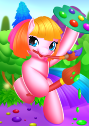 Size: 2480x3508 | Tagged: safe, artist:leonkay, imported from derpibooru, toola roola, earth pony, pony, cute, g3.5, mouth hold, paintbrush, palette, roolabetes, solo, toola roola will be painting away