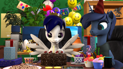 Size: 2920x1642 | Tagged: safe, artist:morozovbrony, imported from derpibooru, princess luna, spitfire, twilight sparkle, oc, oc:crystal moon, oc:morozov, alicorn, pegasus, pony, unicorn, 3d, balloon, cake, clothes, computer, cookie, crown, doom, food, glasses, happy birthday, horn, jar, jewelry, pipbuck, plant, portal (valve), present, regalia, source filmmaker, statue, tea, the cake is a lie, video game, youtube