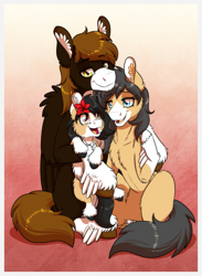 Size: 1181x1610 | Tagged: safe, artist:inuhoshi-to-darkpen, imported from derpibooru, oc, oc only, oc:liliya krasnyy, oc:punish mittet, oc:zarza zarevna, earth pony, pony, blaze (coat marking), ear fluff, family, family photo, female, filly, flower, flower in hair, lidded eyes, looking at each other, looking at someone, male, mare, open mouth, smiling, snip (coat marking), socks (coat markings), stallion, unshorn fetlocks