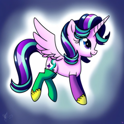 Size: 2048x2048 | Tagged: safe, imported from derpibooru, starlight glimmer, alicorn, pony, ai content, ai generated, alicornified, clothes, cute, female, generator:purplesmart.ai, generator:stable diffusion, horn, mare, race swap, shoes, side view, socks, solo, spread wings, starlicorn, wings, xk-class end-of-the-world scenario