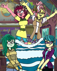 Size: 1642x2049 | Tagged: safe, artist:rdj1995, imported from derpibooru, gloriosa daisy, juniper montage, vignette valencia, wallflower blush, human, equestria girls, birthday, birthday cake, cake, equestria's plant girls, female, food, gloriette, juniblush, lesbian, shipping