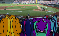 Size: 3000x1850 | Tagged: safe, artist:rdj1995, imported from derpibooru, adagio dazzle, aria blaze, sonata dusk, twilight sparkle, human, equestria girls, baseball, baseball bat, baseball cap, baseball field, cap, globe life field, grass, grass field, hat, irl, looking back, photo, sports, texas rangers, the dazzlings