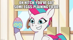 Size: 889x499 | Tagged: safe, edit, edited screencap, imported from derpibooru, screencap, zipp storm, pegasus, pony, spoiler:g5, spoiler:my little pony: tell your tale, spoiler:tyts01e48, caption, easter egg, egg pun, g5, image macro, implied hitch trailblazer, my little pony: tell your tale, pun, solo, text, the hunt for eggmund bunny