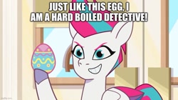 Size: 889x499 | Tagged: safe, edit, edited screencap, imported from derpibooru, screencap, zipp storm, pegasus, pony, spoiler:g5, spoiler:my little pony: tell your tale, spoiler:tyts01e48, caption, egg pun, g5, image macro, my little pony: tell your tale, pun, solo, text, the hunt for eggmund bunny