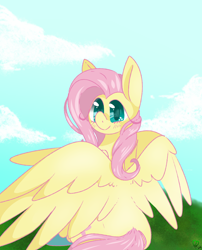Size: 1000x1240 | Tagged: safe, artist:pagophasia, derpibooru exclusive, imported from derpibooru, fluttershy, pegasus, pony, cloud, colored hooves, cute, cutie mark eyes, daytime, eye reflection, female, grass, impossibly long eyelashes, looking at you, looking back, looking back at you, reflection, shyabetes, sitting, smiling, solo, unshorn fetlocks, wingding eyes, wings