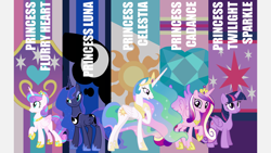 Size: 2000x1125 | Tagged: safe, editor:quoterific, imported from derpibooru, princess cadance, princess celestia, princess flurry heart, princess luna, twilight sparkle, alicorn, pony, older, older flurry heart, twilight sparkle (alicorn), wallpaper