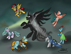 Size: 1331x1005 | Tagged: safe, artist:shizaluckydevil, imported from derpibooru, flash magnus, meadowbrook, mistmane, pony of shadows, rockhoof, somnambula, star swirl the bearded, earth pony, pegasus, pony, unicorn, shadow play, armor, blast, cape, clothes, curved horn, dark background, dress, egyptian, egyptian headdress, egyptian pony, female, flying, hat, headdress, helmet, hoof shoes, horn, magic, magic beam, magic blast, male, mare, pillars of equestria, rearing, see-through, spread wings, stallion, wings