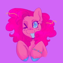 Size: 2000x2000 | Tagged: safe, artist:mothbongwater, imported from derpibooru, pinkie pie, earth pony, pony, female, one eye closed, purple background, simple background, solo, wink