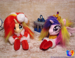 Size: 2937x2304 | Tagged: safe, artist:1stastrastudio, imported from derpibooru, princess cadance, sunset shimmer, pony, christmas, crown, hat, holiday, irl, jewelry, photo, plushie, regalia, santa hat