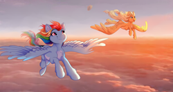 Size: 2625x1403 | Tagged: safe, artist:kidaoriginal, imported from derpibooru, applejack, rainbow dash, pegasus, pony, applejack's hat, chest fluff, cloud, cowboy hat, duo, duo female, female, flapplejack, flying, hat, looking at someone, mare, open mouth, open smile, pale belly, race swap, sky, smiling, spread wings, sunset, windswept mane, wings